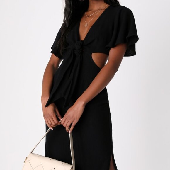 Lulus Summer Journey Black Tie-front Cutout Midi Dress - Size M - Picture 1 of 1